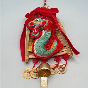 Chinese Woven Dragon Wicker Door Hanger with Asian Bells & Charms